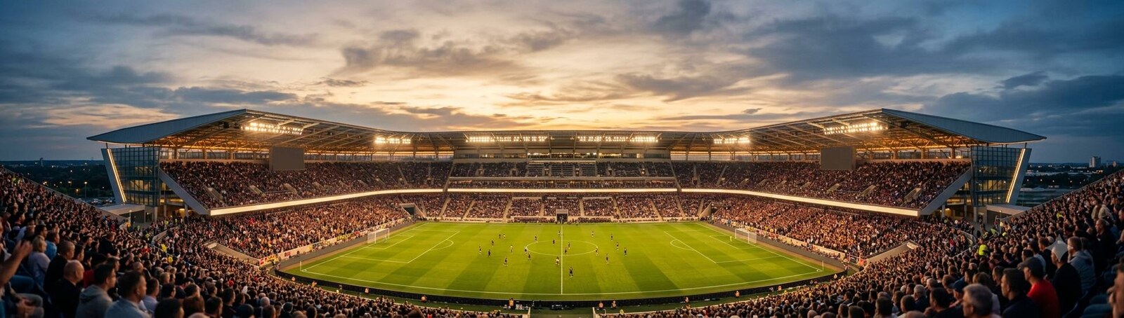 Stimmungsvolles Fußballstadion in der Abenddämmerung – voller Ränge